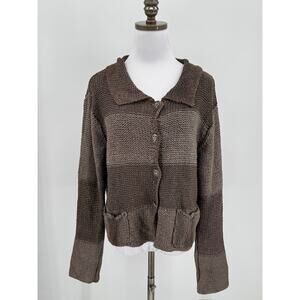 Dalya Vintage Womens Brown Striped Knit Collared Long Sleeve Cardigan Sweater